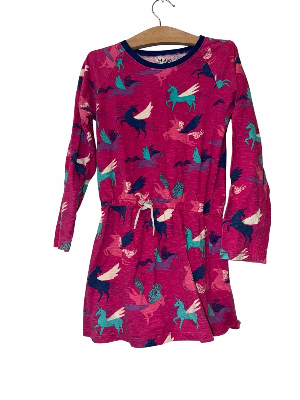 Hatley Pink Unicorn Pegasus Print Long Sleeve Dress slub knit sz 7